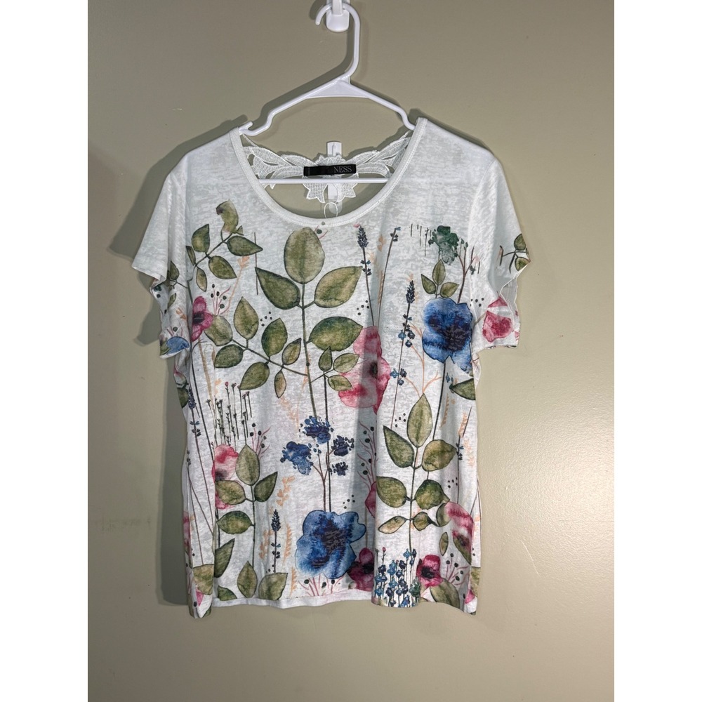 Ness Floral Print Short Sleeve Top White Lace Back Cutout Burnout Tee XL